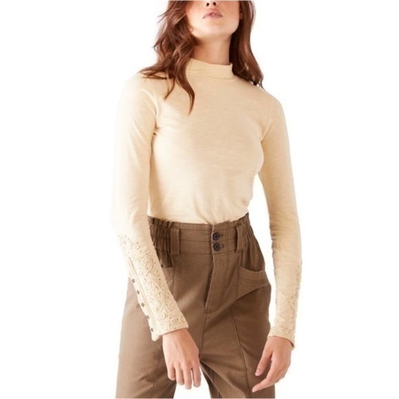 Free People Hooked On You Wheat Mock Neck Embroidered Long Sleeve Top Size S NWT - Picture 1 of 6